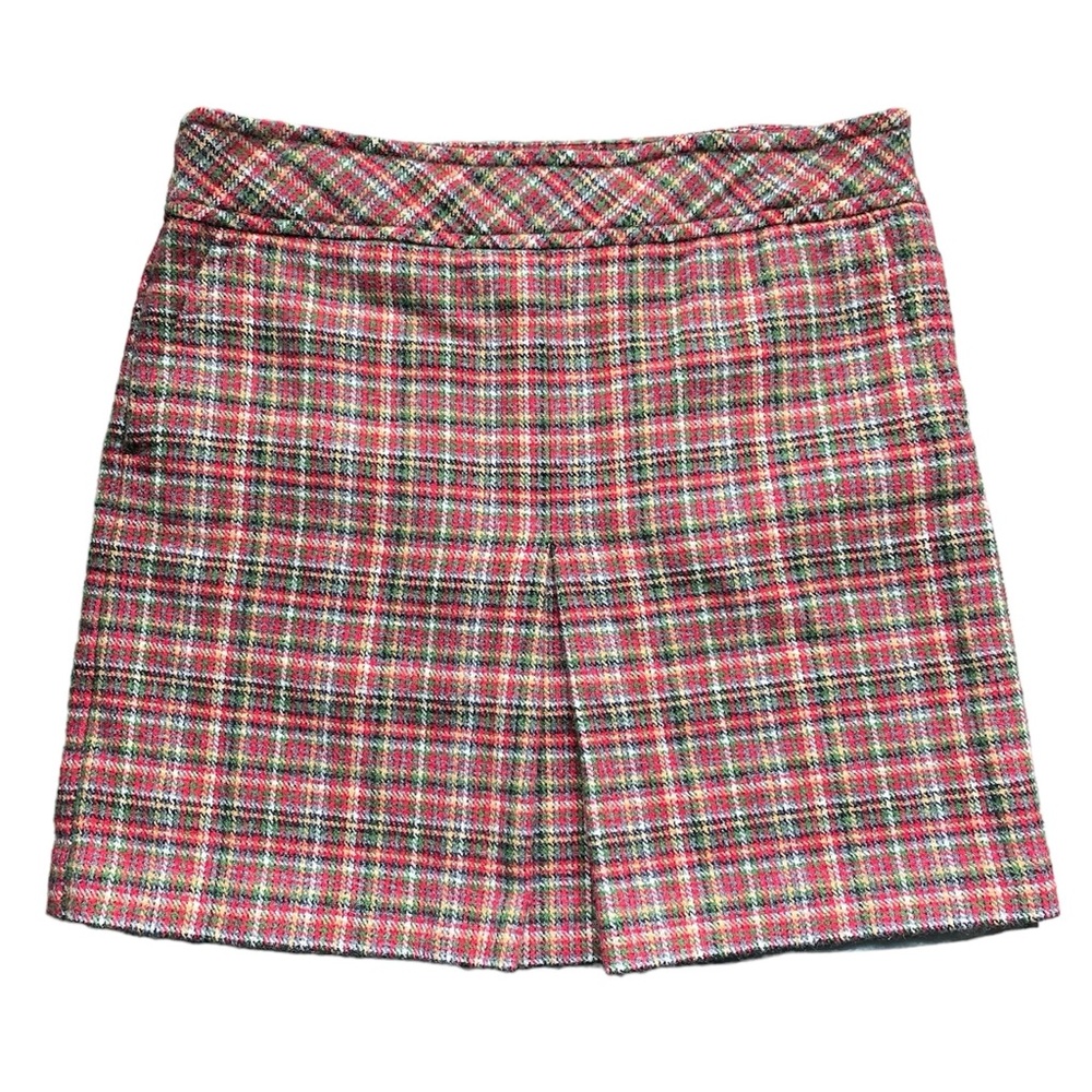 Loft Petites 8P Wool Blend Plaid Skirt Front Pleat Red Green Christmas